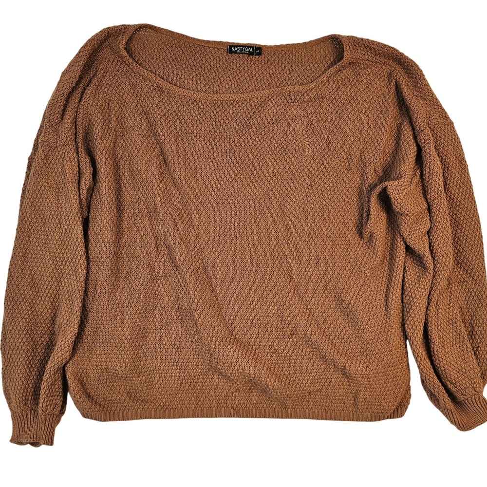 Nasty Gal Collection Brown Knit Balloon Sleeve Scoop Neck Sweater Large